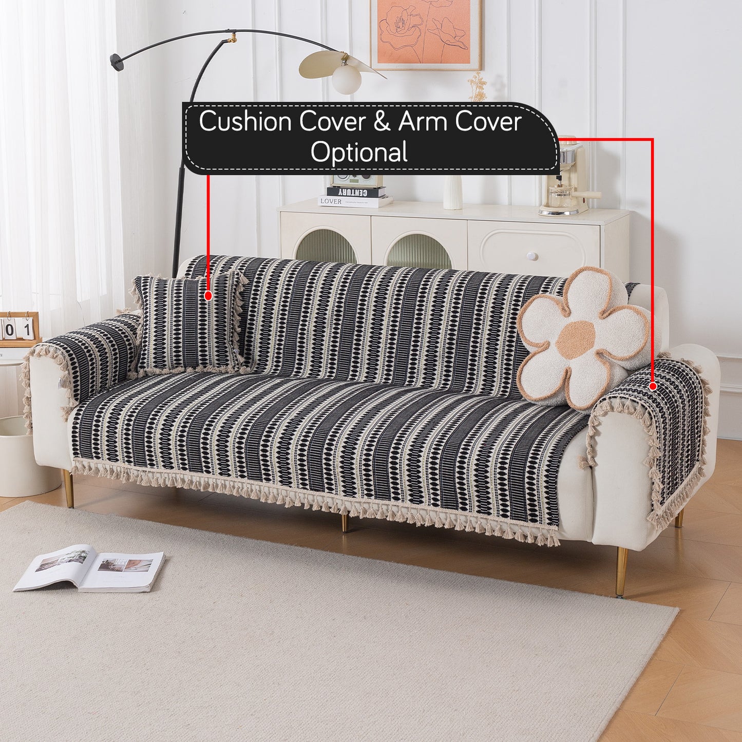 Artisan Boho Series 5-Seater Sofa Cover with Tassels (3+1+1), Charcoal Black