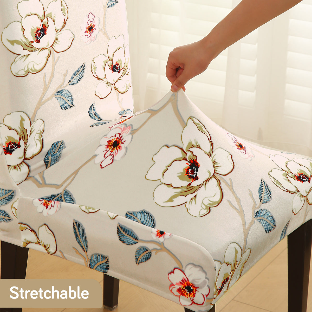 Premium Printed Velvet Dining Chair Cover Set, Buttercream Magnolia Whisper