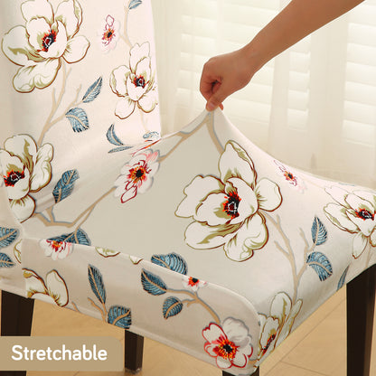Premium Printed Velvet Dining Chair Cover Set, Buttercream Magnolia Whisper