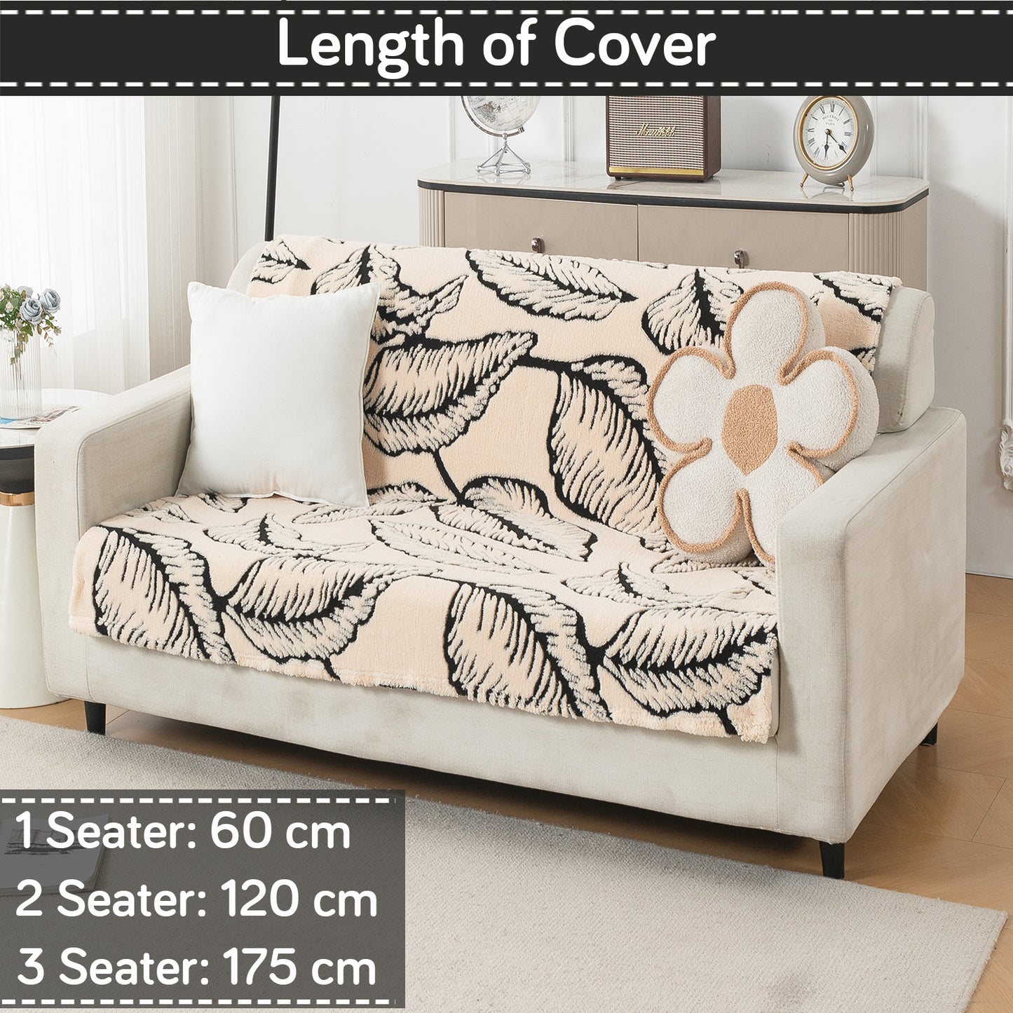 'Noirea Series' Plush Sofa Cover for Seat & Back, Botanical Leaf