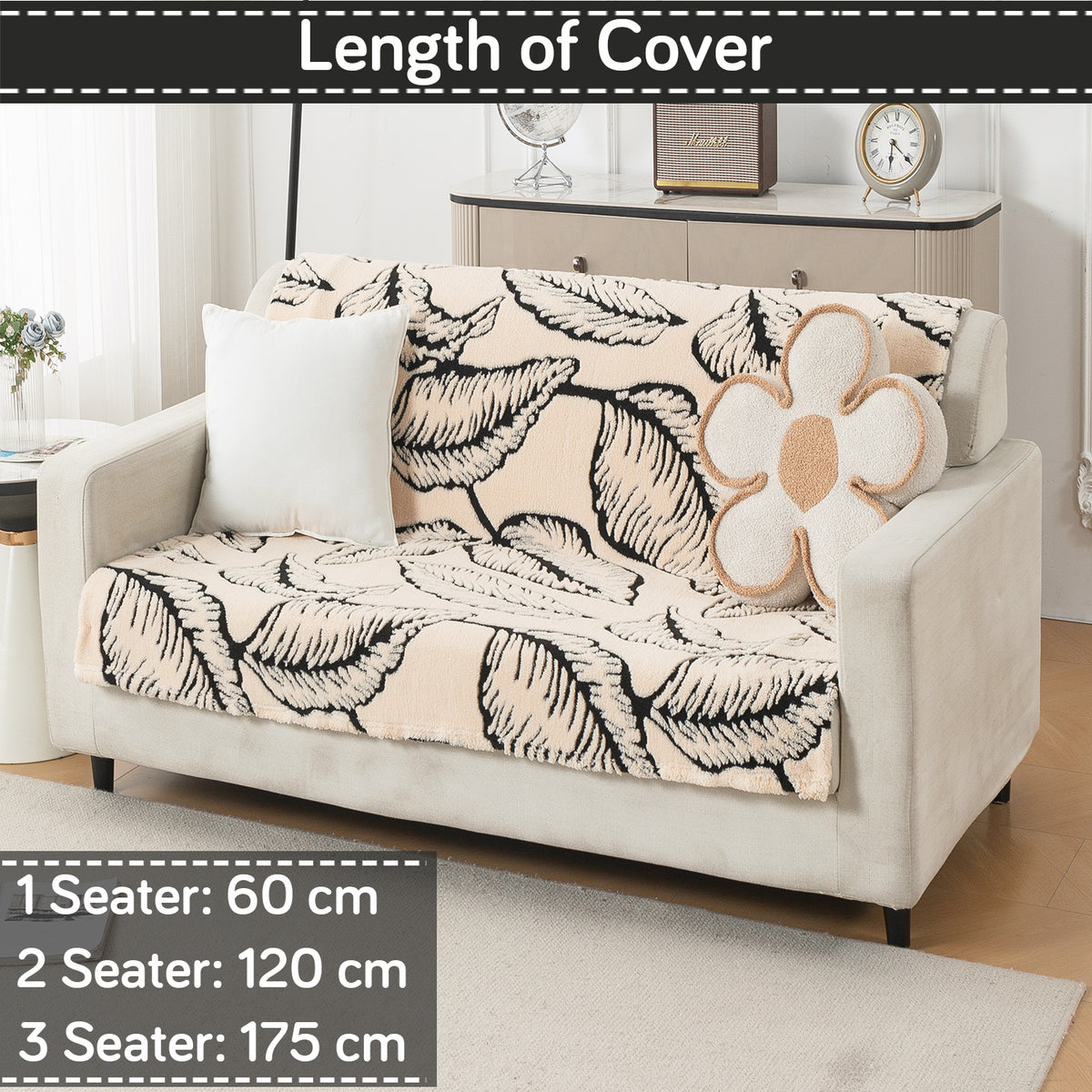 'Noirea Series' Plush Sofa Cover for Seat & Back, Botanical Leaf