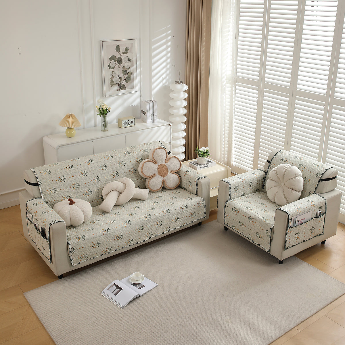 3+1 Seater Light Green Ash Gypsy Floral  Printed quilted sofa cover