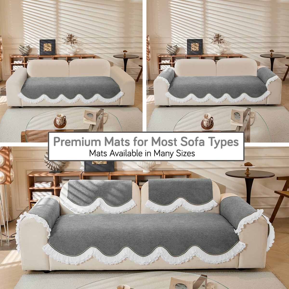 French Classic Frill Wavy Sofa Cover Mat, Moonstone Grey