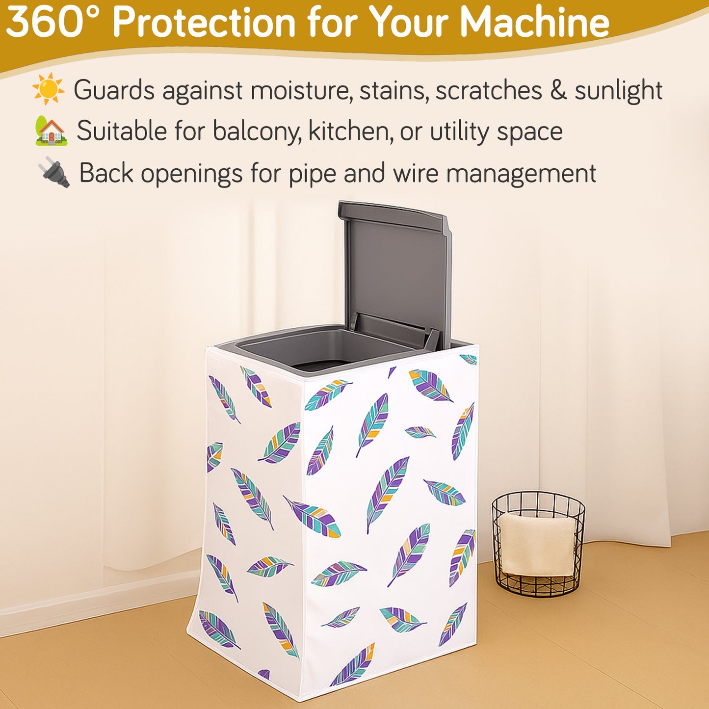 Waterproof Front Load / Top Load Washing Machine Cover | PEVA Dustproof Protective Cover for 6kg, 6.5kg, 7kg & 7.5kg Fully Automatic Machines, Boho Feathers