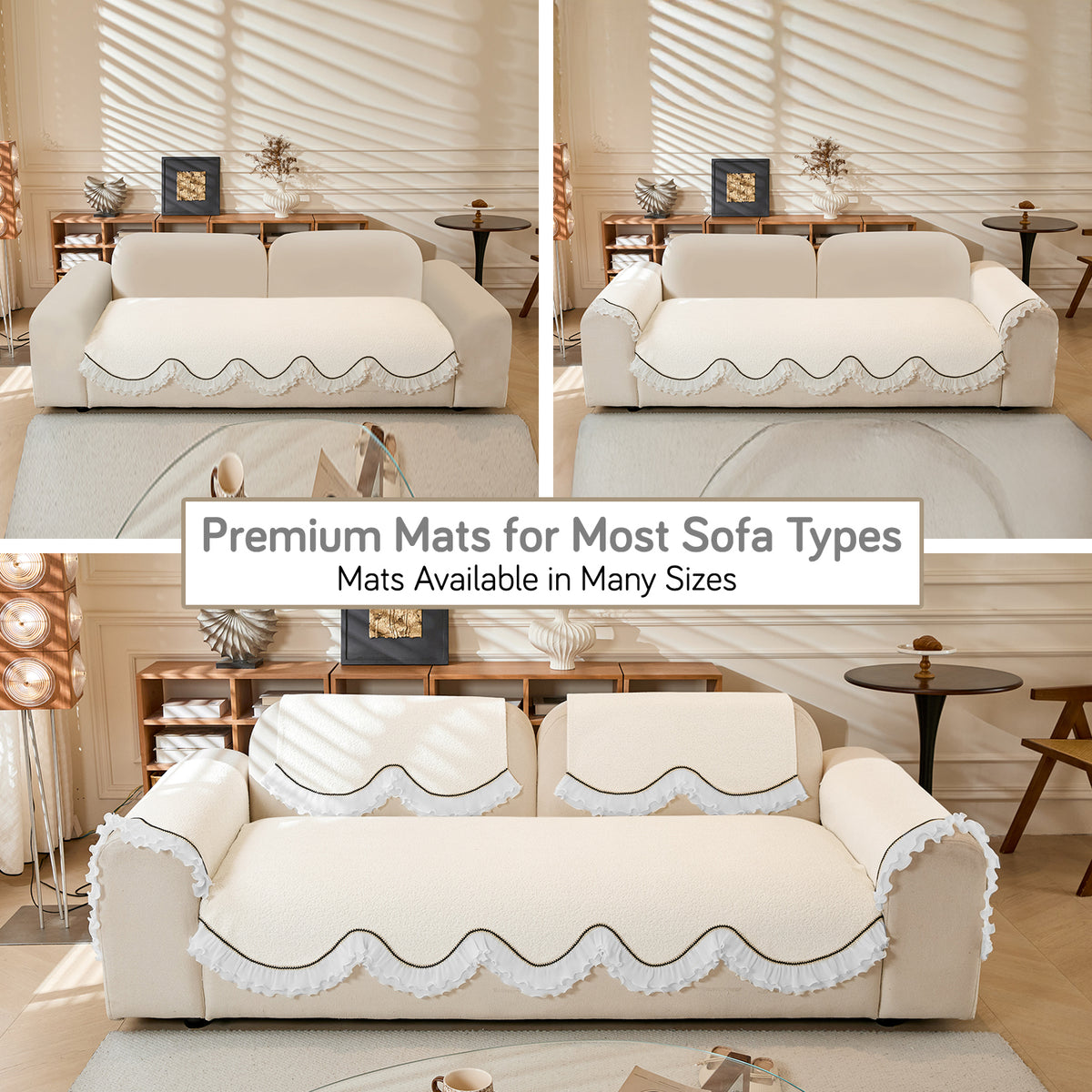 French Classic Frill Wavy Sofa Cover Mat, Snow White Ivory