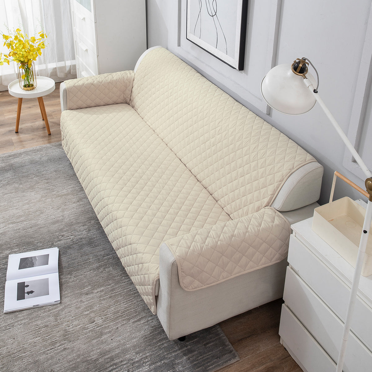 UrbanQuilt Quilted Polyester Sofa Cover Mat Pet Friendly, Cream