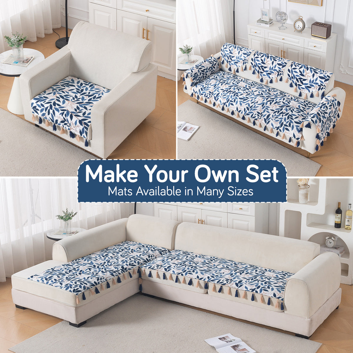 'Whispers of Nature' Series Holland Velvet Sofa Mat with Tassel, Indigo Foliage