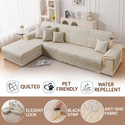 Elira Series Quilted One-Piece L Shape Sofa Cover Mat with Left and Right Chaise, Beige Abstract Geometry