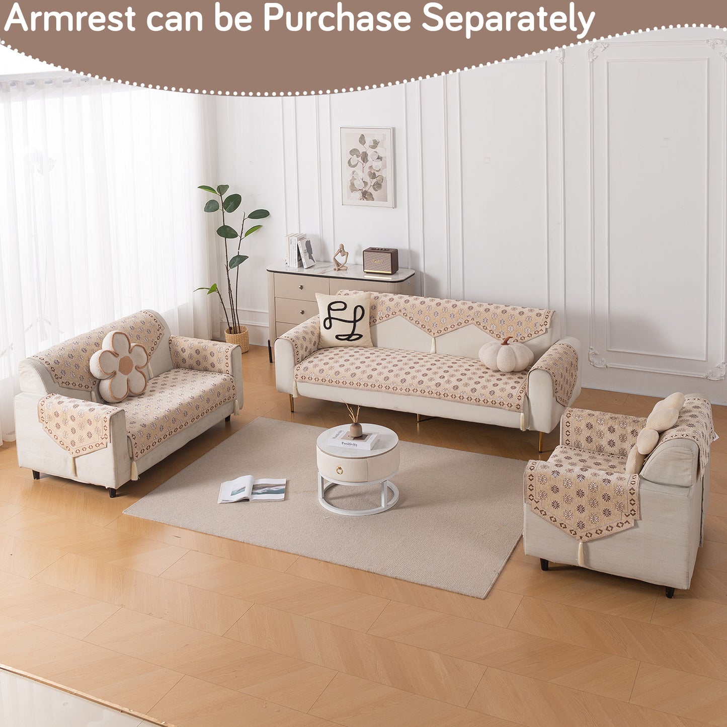 Heritage Weave Premium Jacquard Sofa Cover Set with Tassels - Sandy Beige