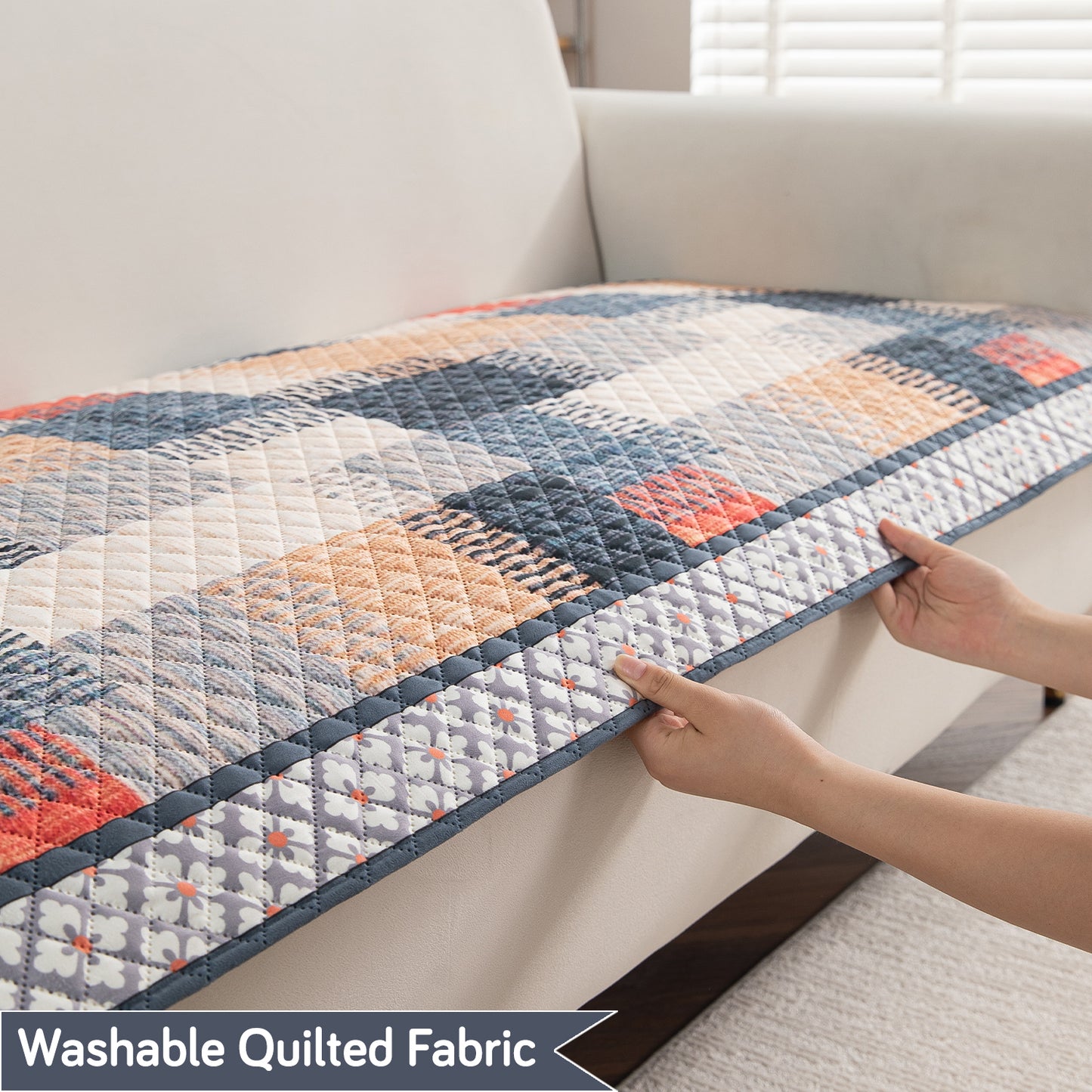 LiefNest Printed Holland Velvet L Shape Sofa Seat Mat with Foam Filling - Urban Grid Multicolor