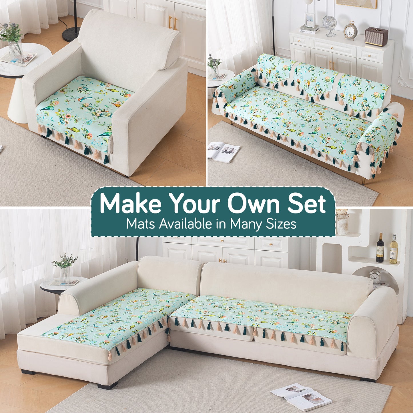 'Whispers of Nature' Series Holland Velvet Sofa Mat with Tassel, Mint Birdsong Blossom