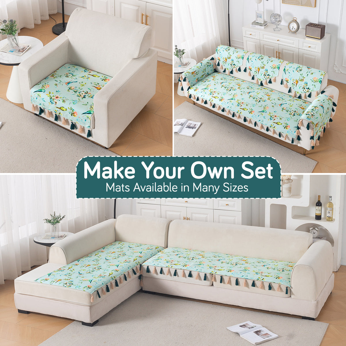 'Whispers of Nature' Series Holland Velvet Sofa Mat with Tassel, Mint Birdsong Blossom