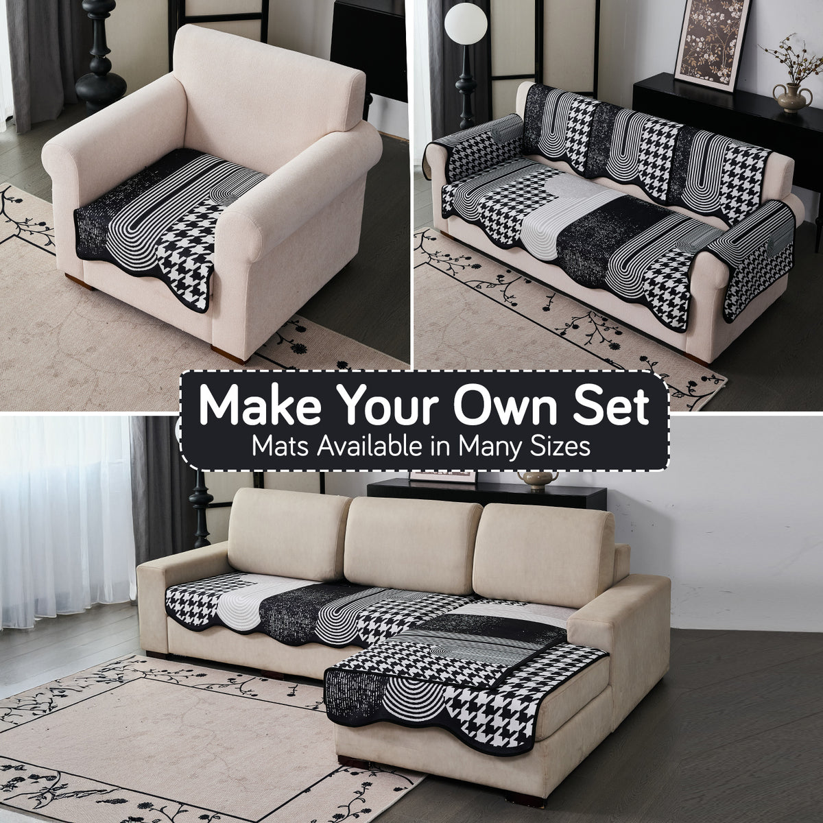 Arcea Chenille With Curved Edges Sofa Cover Mat, White Houndstooth