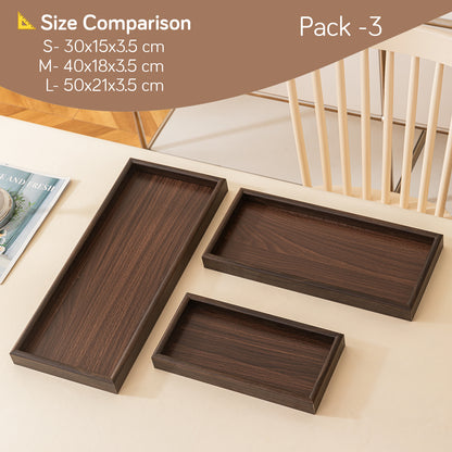 Wooden Serving Tray MDF Rectangular Eco-Friendly Trays Set of 3, Dark Wood Finish