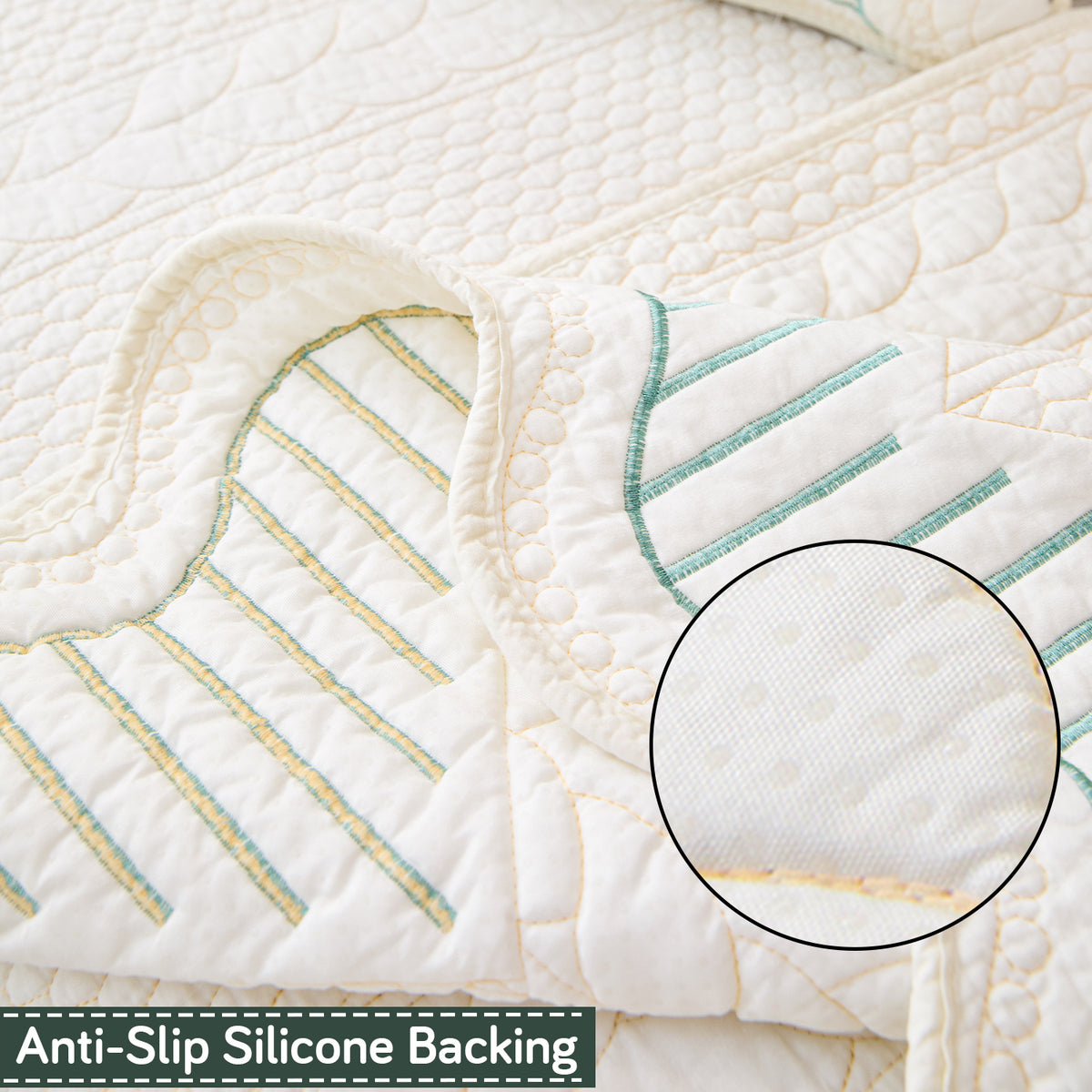 Cotton Reverie with a Curved Wavy Edge Sofa Mat, Greenish Cream