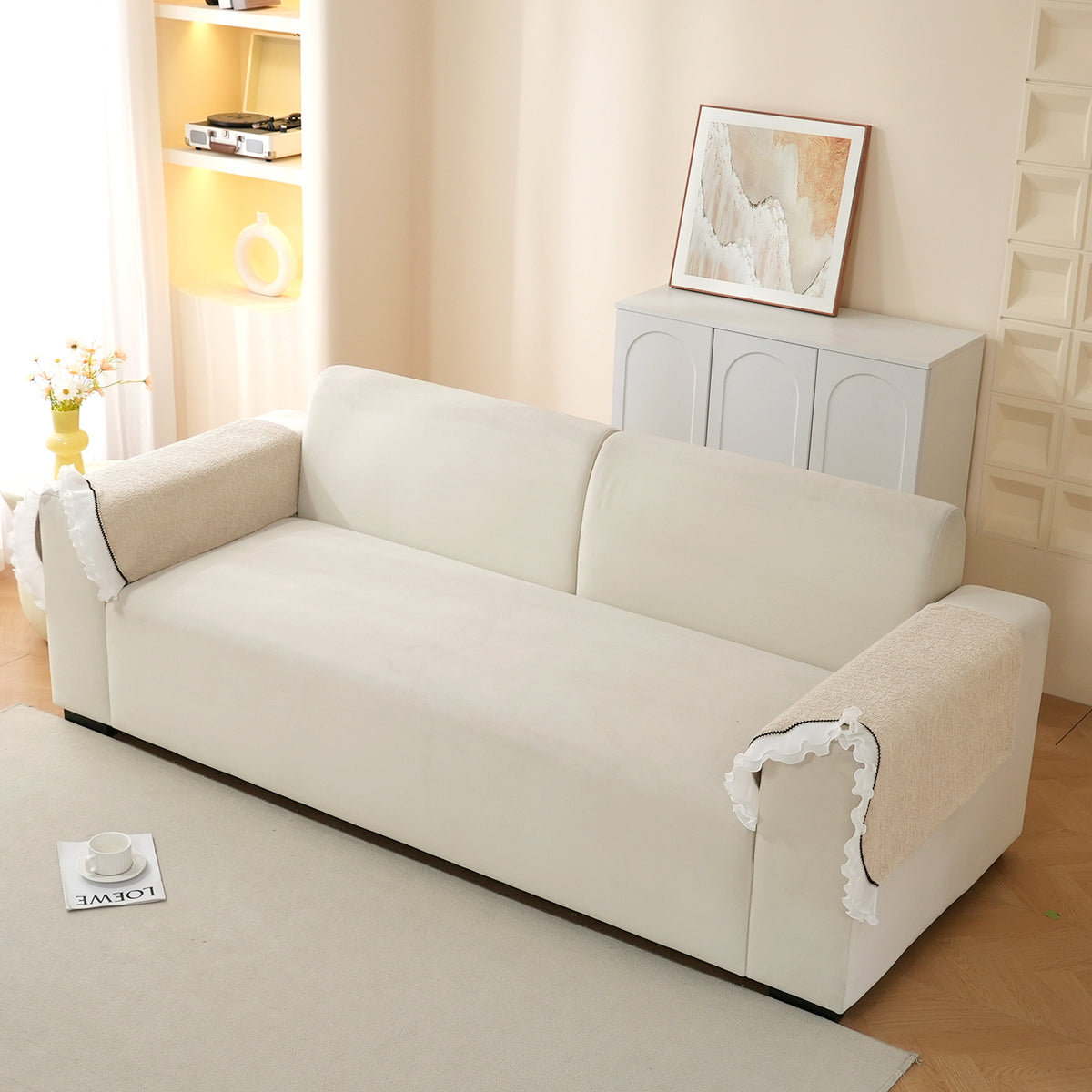 French Classic Frill Wavy Sofa Cover Mat, Champagne Beige