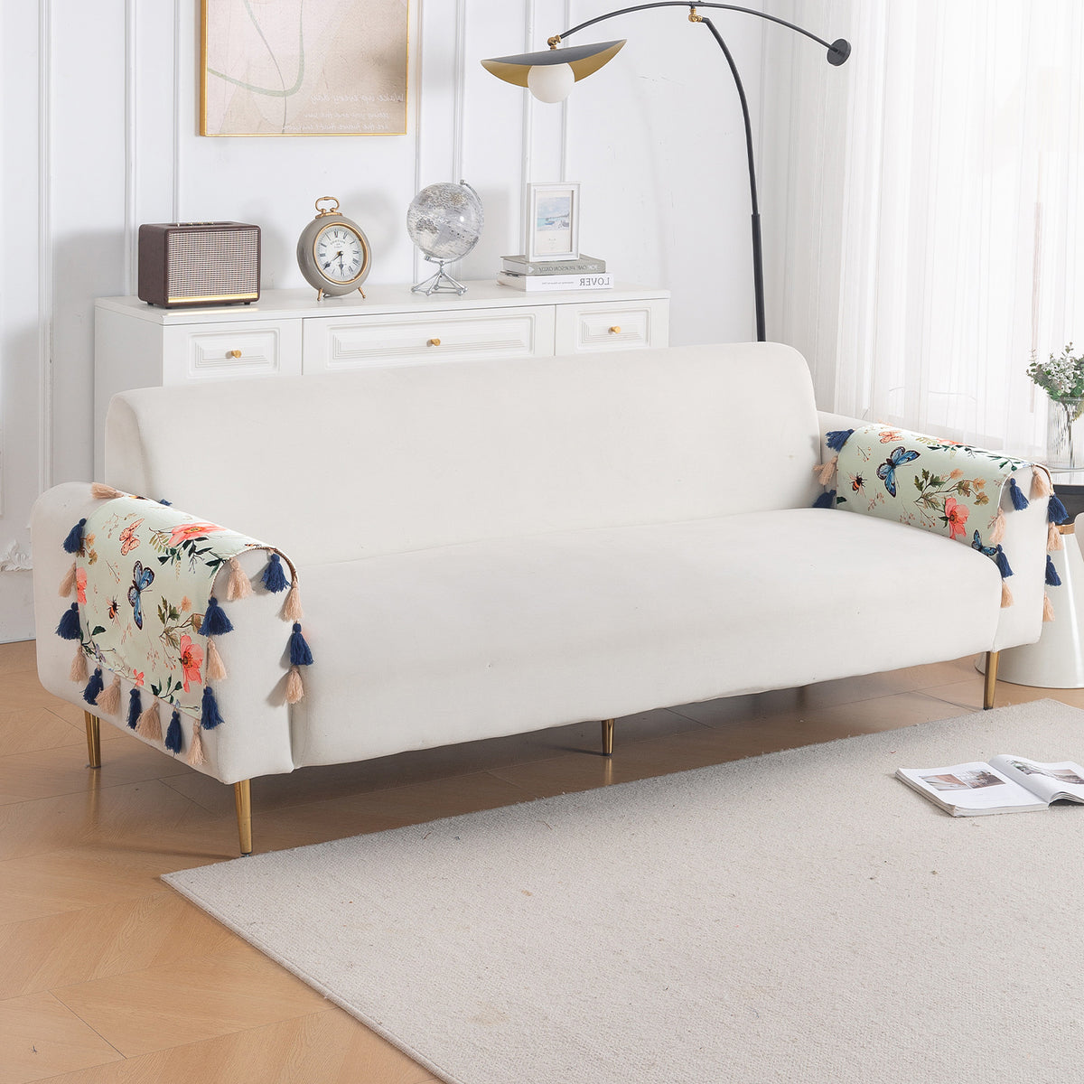 'Whispers of Nature' Series Holland Velvet Sofa Mat with Tassel, Pastel Butterfly Meadow
