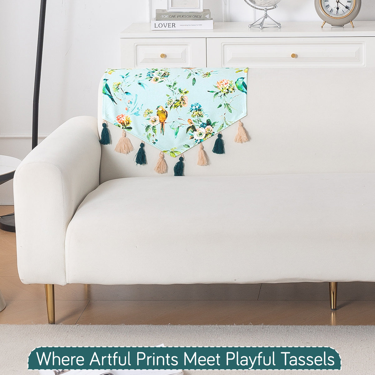 'Whispers of Nature' Series Holland Velvet Sofa Mat with Tassel, Mint Birdsong Blossom