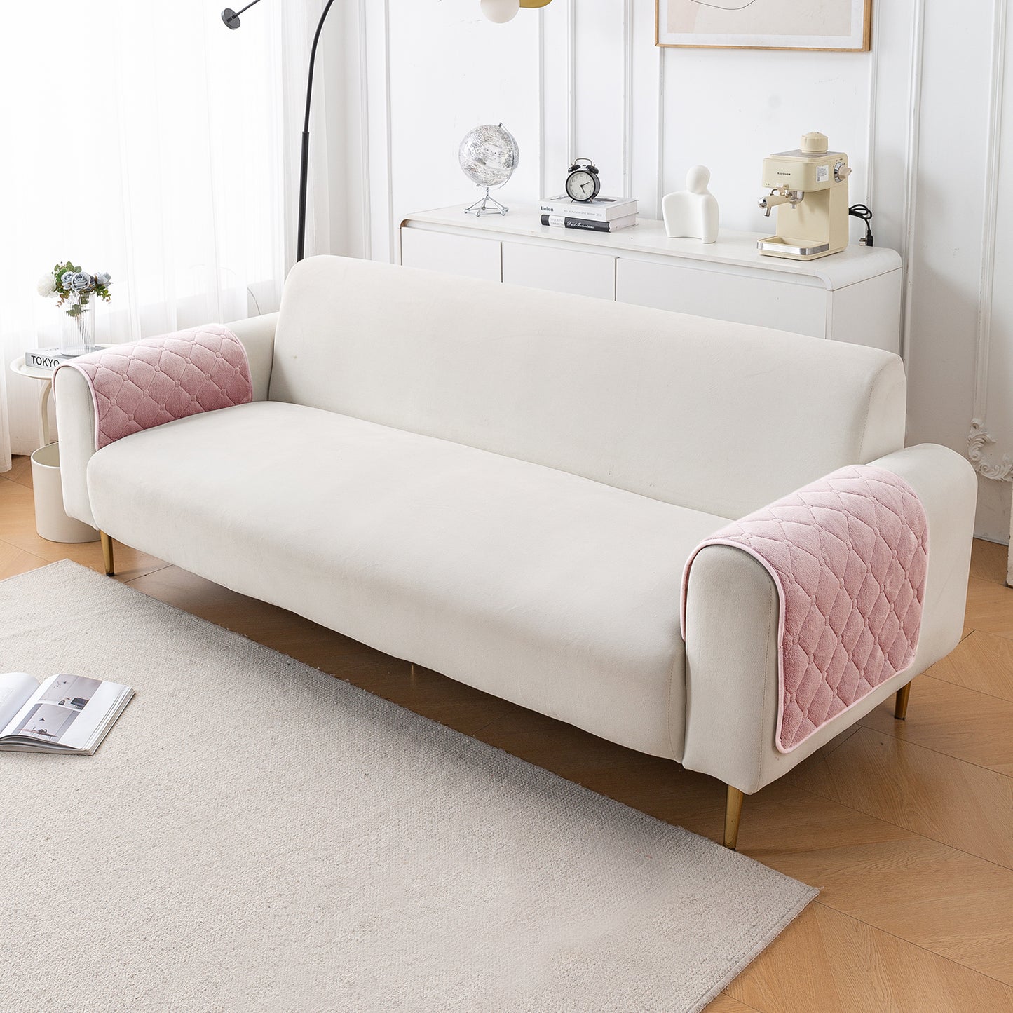 Diamond Tuft Plush Sofa Cover Mat, Blush Pink