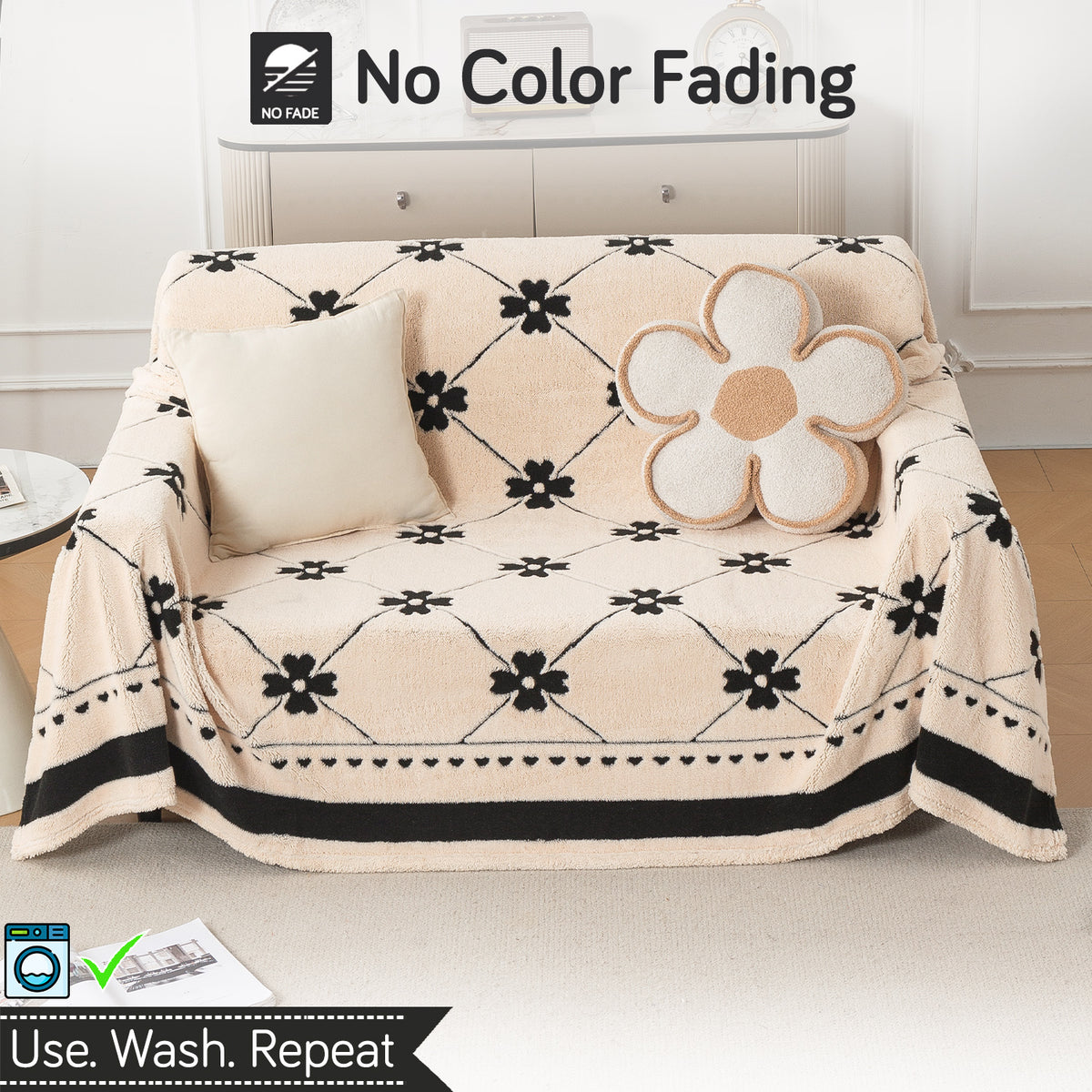Buy Floral Lattice Design Noirea Series Plush Sherpa Sofa Throw Cover – 2 Seater Sofas | HOKIPO