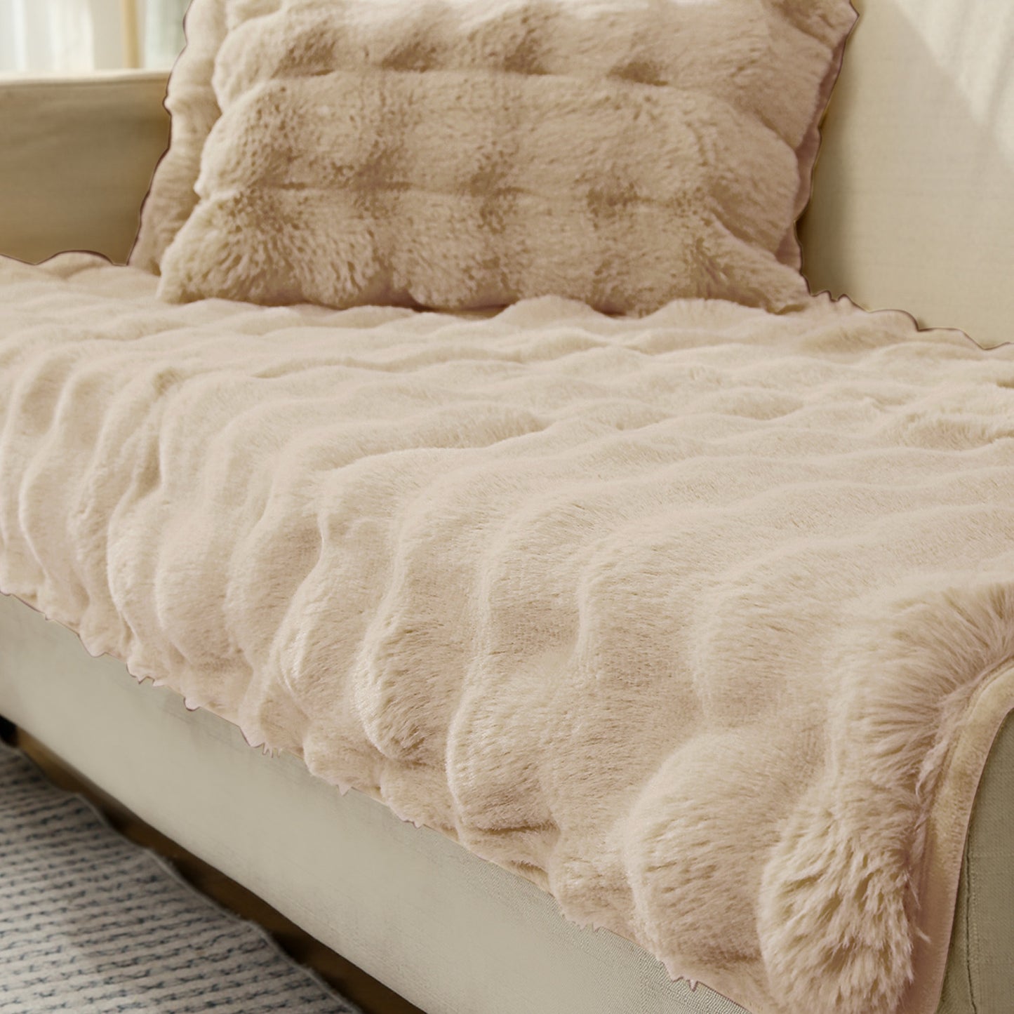 Premium Faux Rabbit Fur Anti Slip Sofa Cover Mat with 2 Armrest Cover, Latte Brown