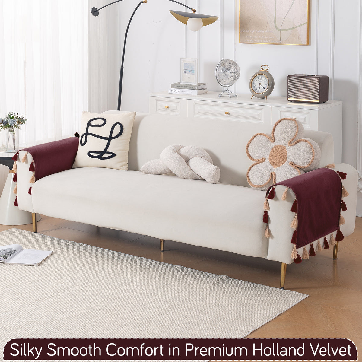 Tassel Tone Holland Velvet Sofa Cover Mat, Wine Red