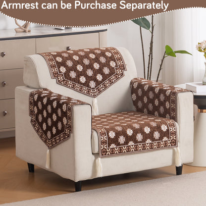 Heritage Weave Premium Jacquard Sofa Cover Set with Tassels - Russet Brown