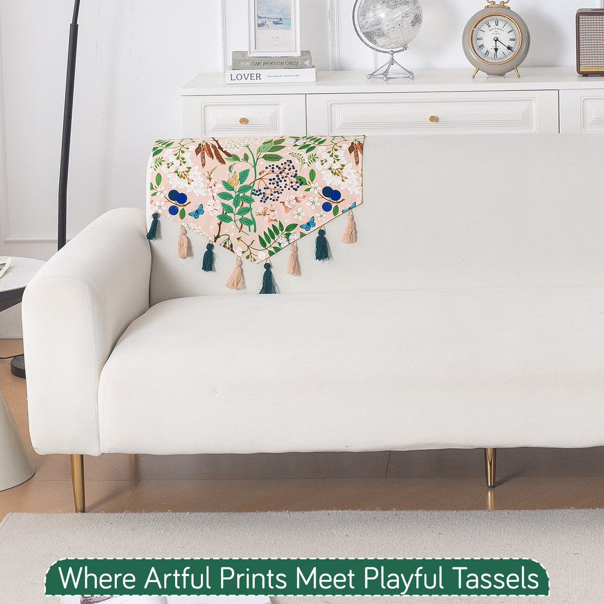 'Whispers of Nature' Series Holland Velvet Sofa Mat with Tassel, Beige Woodland Bloom