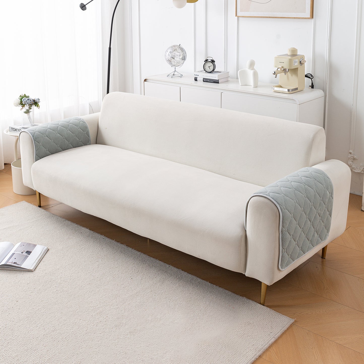 Diamond Tuft Plush Sofa Cover Mat, Mist Grey
