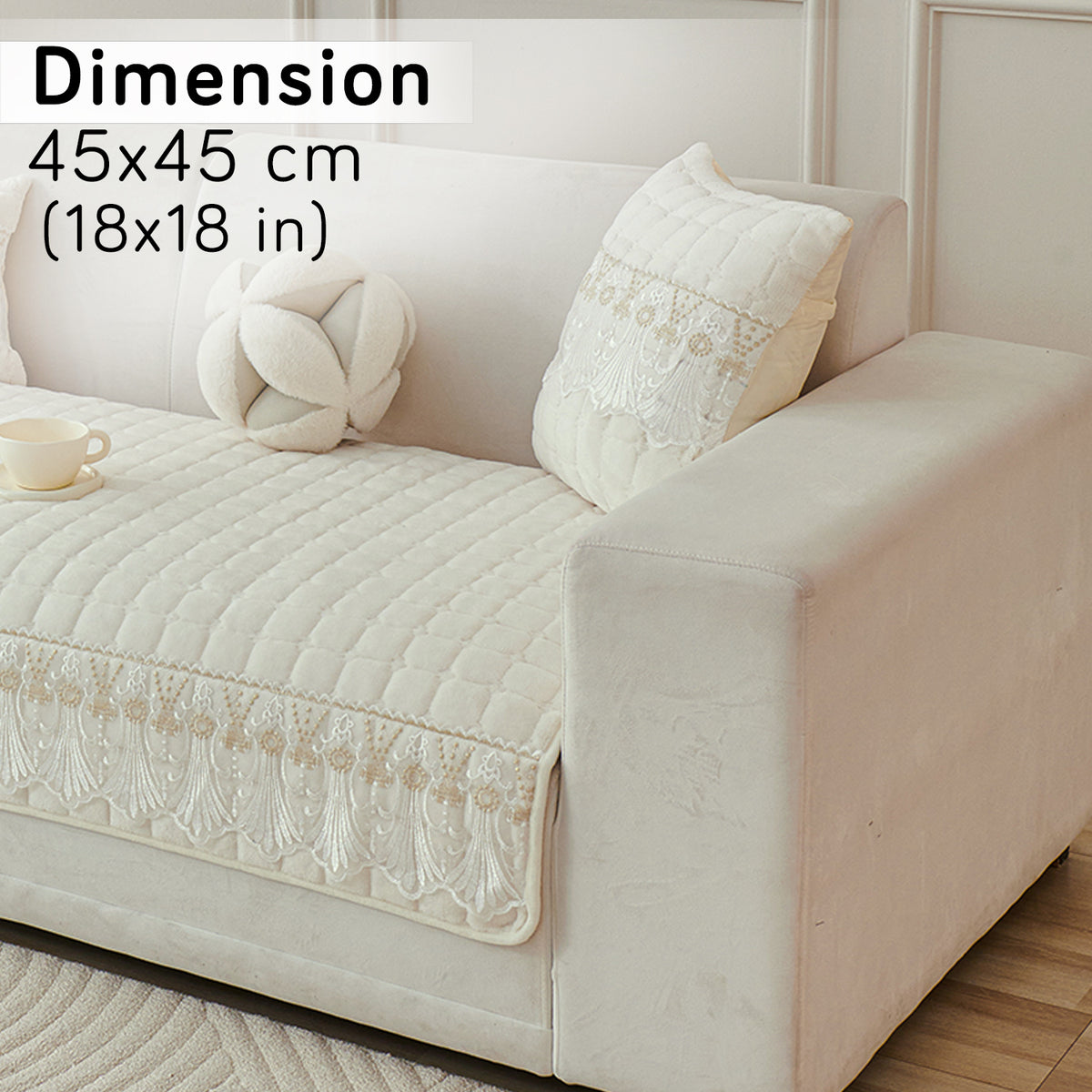 Premium Milk Velvet Sofa Cushion Cover with Lace Design, Pearl White