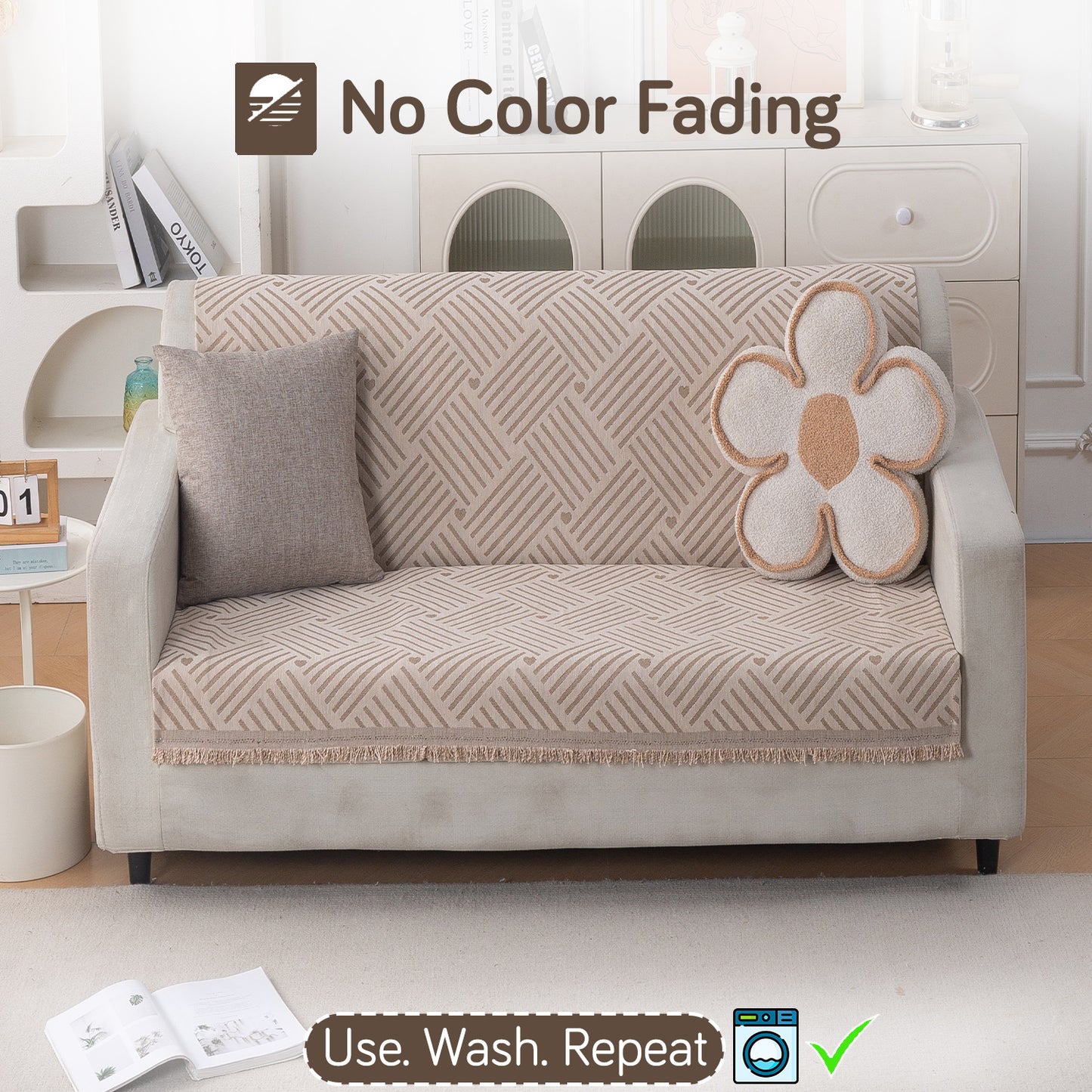 Premium 320 GSM Chenille Sofa Cover 'Serene Abode Series', Beige Geo Weave