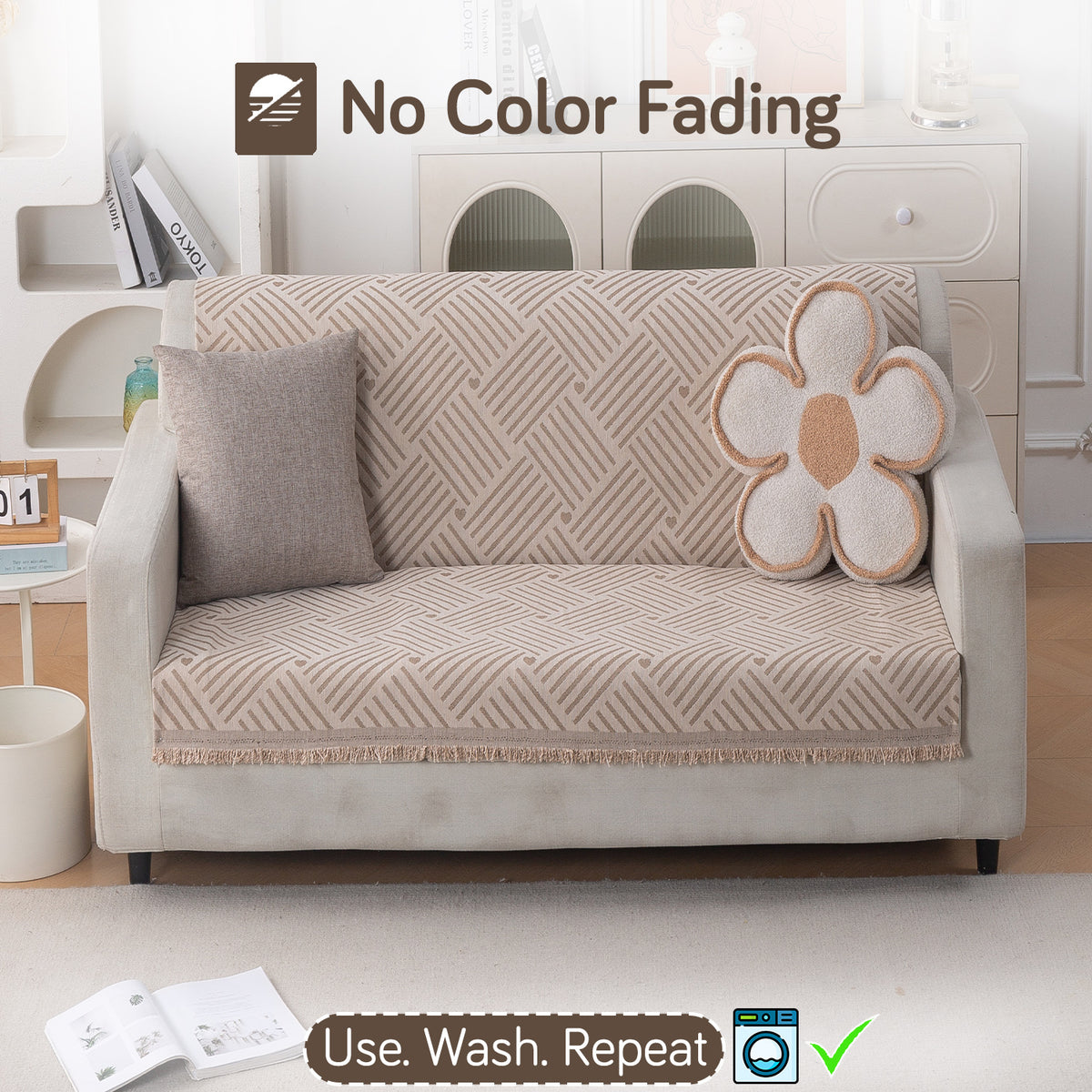 Premium 320 GSM Chenille Sofa Cover 'Serene Abode Series', Beige Geo Weave