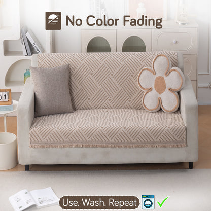 Premium 320 GSM Chenille Sofa Cover 'Serene Abode Series', Beige Geo Weave