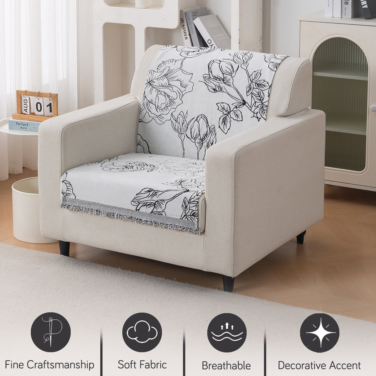 Premium 320 GSM Chenille Sofa Cover 'Serene Abode Series', White Rose Garden