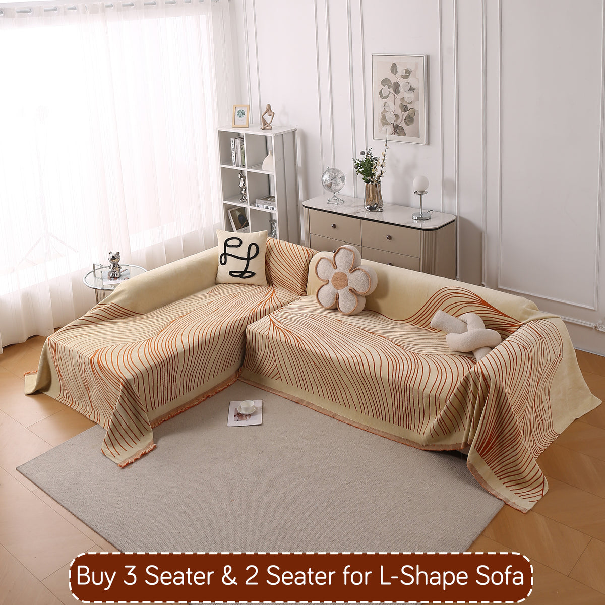 Buy Orange Colour WaveLoom Chenille 3 Seater & 2 Seater for L-Shape Sofa Throw | HOKIPO
