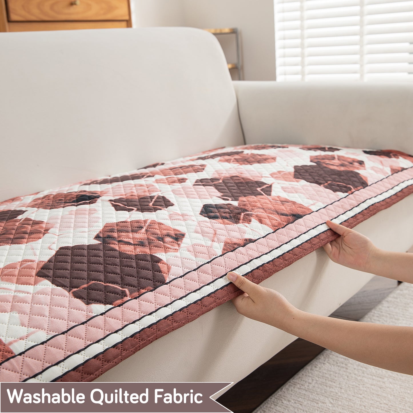 LiefNest Printed Holland Velvet Sofa Mat with Foam Filling - Geometric Hexagon Cider Red for 1/2/3 Seater & Armrest