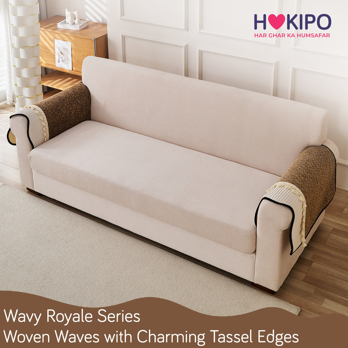 'Wavy Royale Series' Thick Woven Weave Chenille Sofa Cover with Tassel, Chestnut Brown