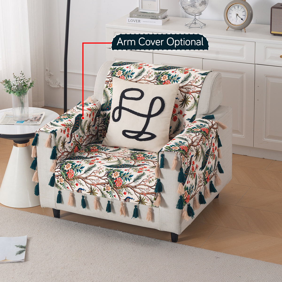 'Whispers of Nature' Series Holland Velvet Sofa Cover with Tassel, Multicolor Tropical Peacock