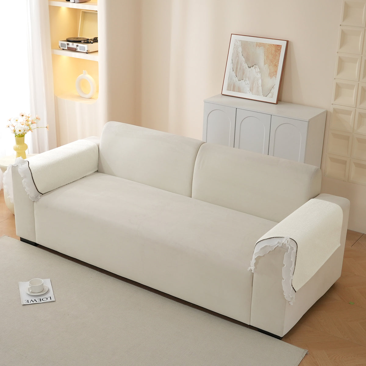 French Classic Frill Wavy Sofa Cover Mat, Snow White Ivory