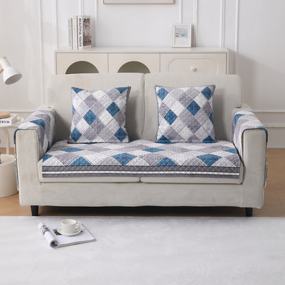 LiefNest Printed Holland Velvet Sofa Mat with Foam Filling - Diamond Slate Grey Blue for 1/2/3 Seater & Armrest