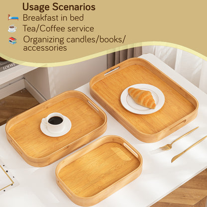 Natural Bamboo Serving Tray Set of 2/3 – Multipurpose Kitchen Tray with Handles