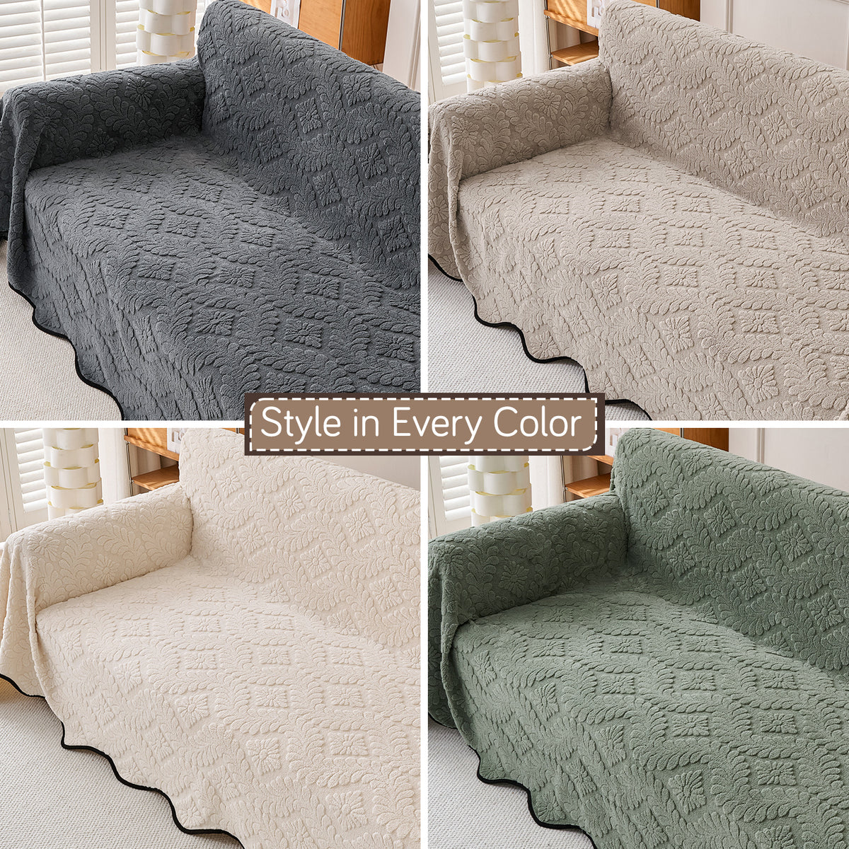 'Wavy Petal Crest Series' Plush Sofa Cover Throw for Complete Sofa, Light Cream