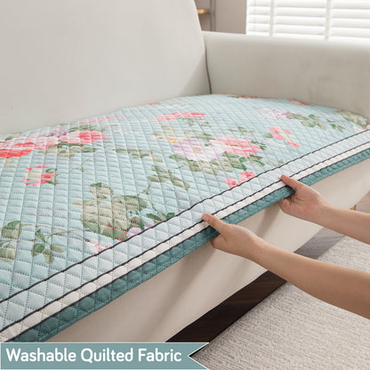 LiefNest Printed Holland Velvet Sofa Mat with Foam Filling - Fresh Floral Pastel Blue for 1/2/3 Seater & Armrest