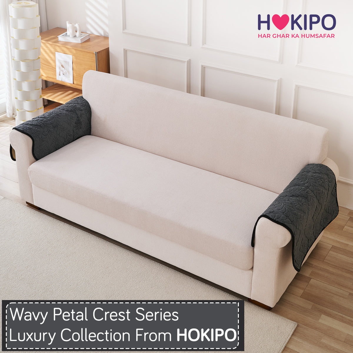 Embossed Floral Jacquard Anti-Slip Sofa Cover Mat, 'Wavy Petal Crest Series' Charcoal Grey