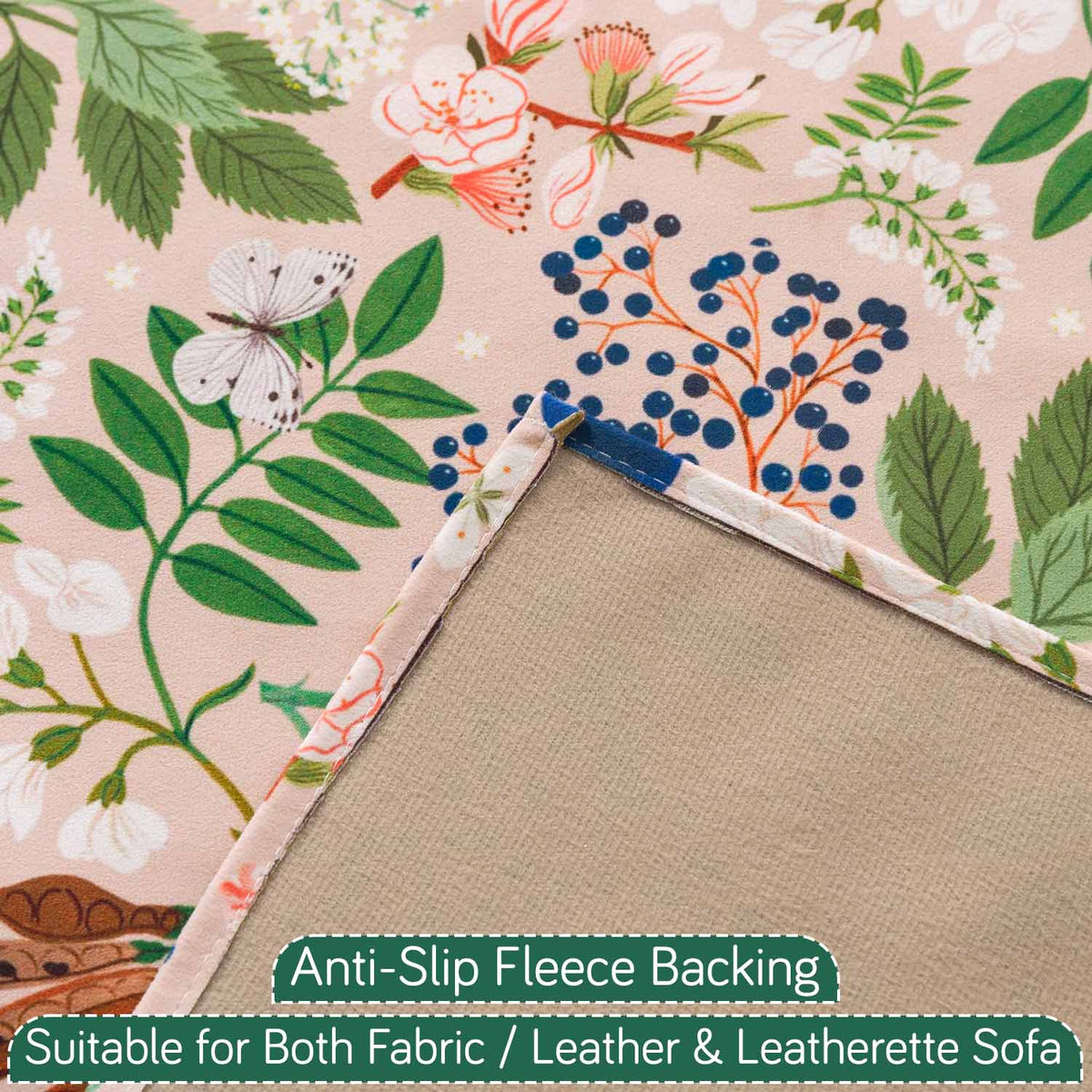 'Whispers of Nature' Series Holland Velvet Sofa Cover with Tassel, Beige Woodland Bloom