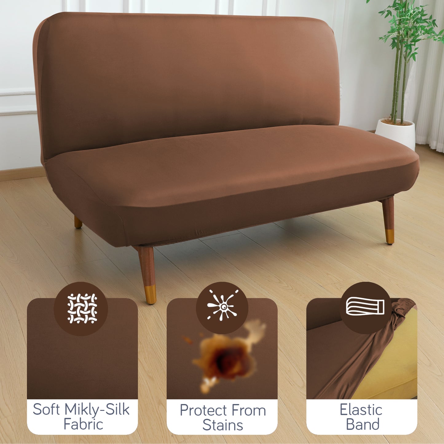 SereneSolids Stretchable Elastic Armless Sofa Cover – 140 GSM, Futon Slipcover, Easy Fit, Brown