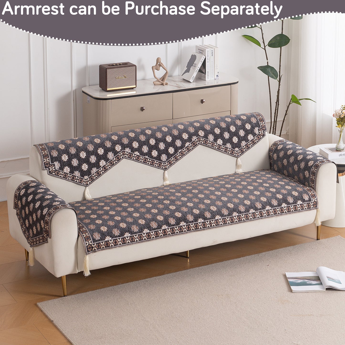Heritage Weave Premium Jacquard Sofa Cover Set with Tassels - Graphite Grey