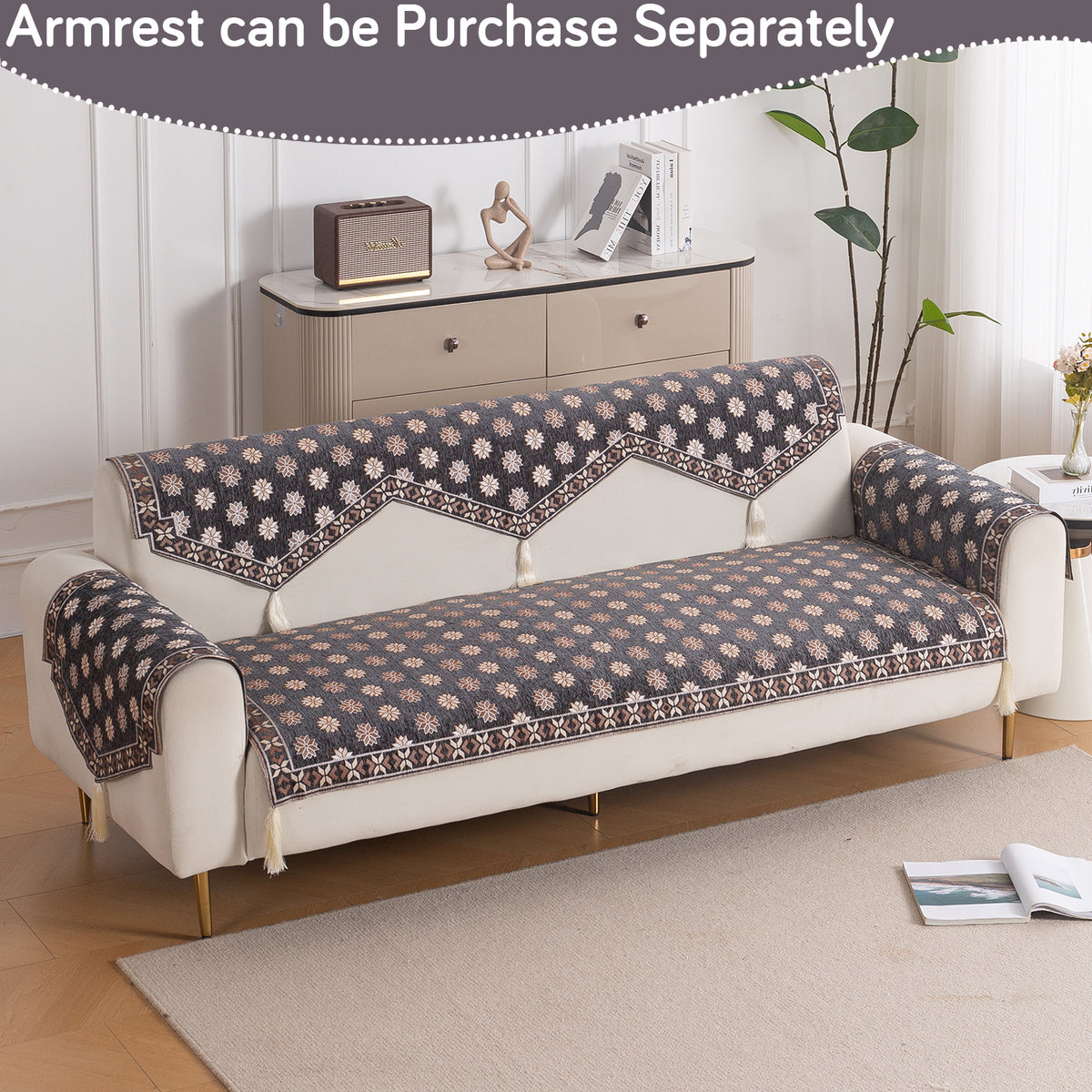 Heritage Weave Premium Jacquard Sofa Cover Set with Tassels - Graphite Grey