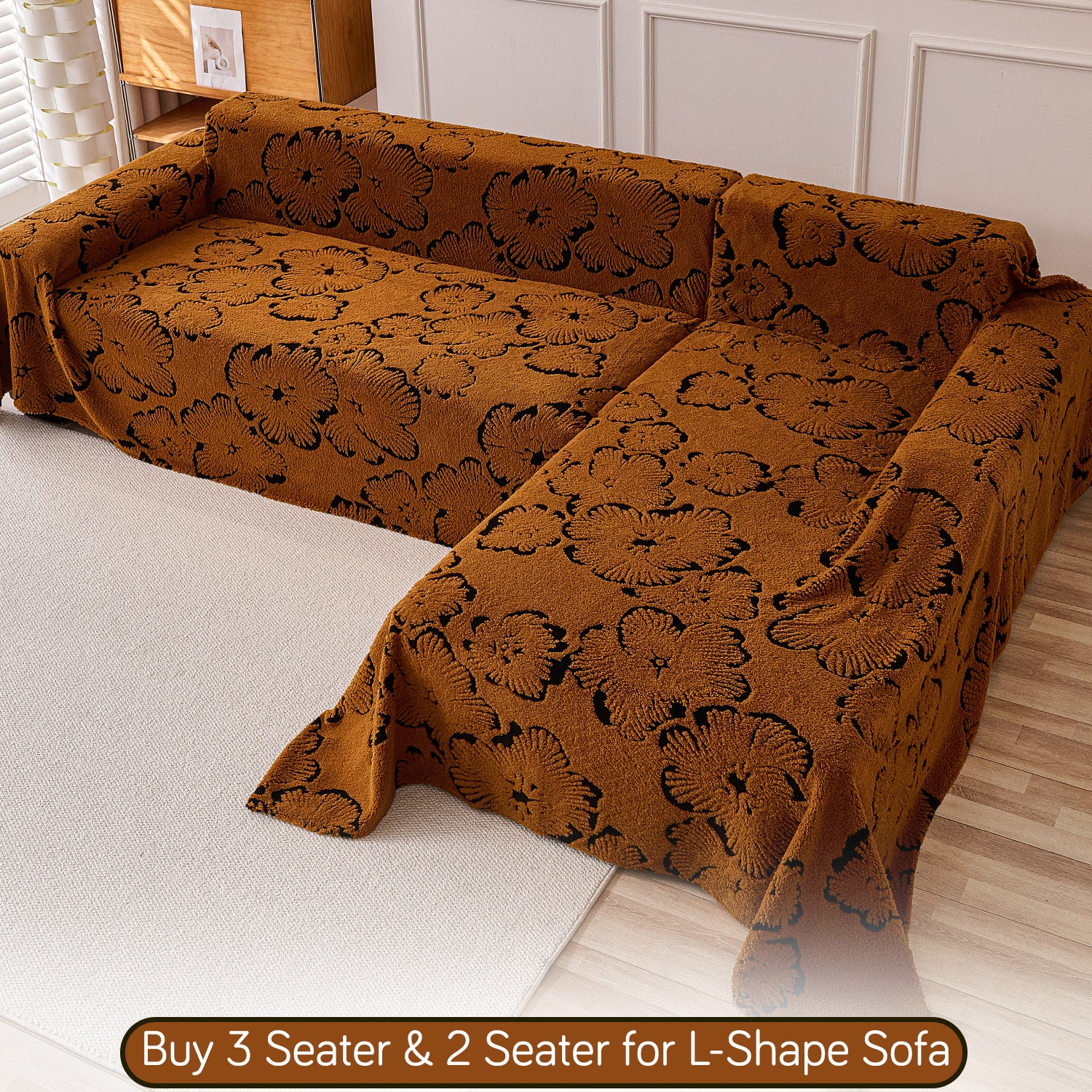 Buy Rustic Caramel Colour Camellia Blossom Luxury Plush Sofa Throw for L-Shape Sofa – 3 Seater & 2 Seater Sofa | HOKIPO