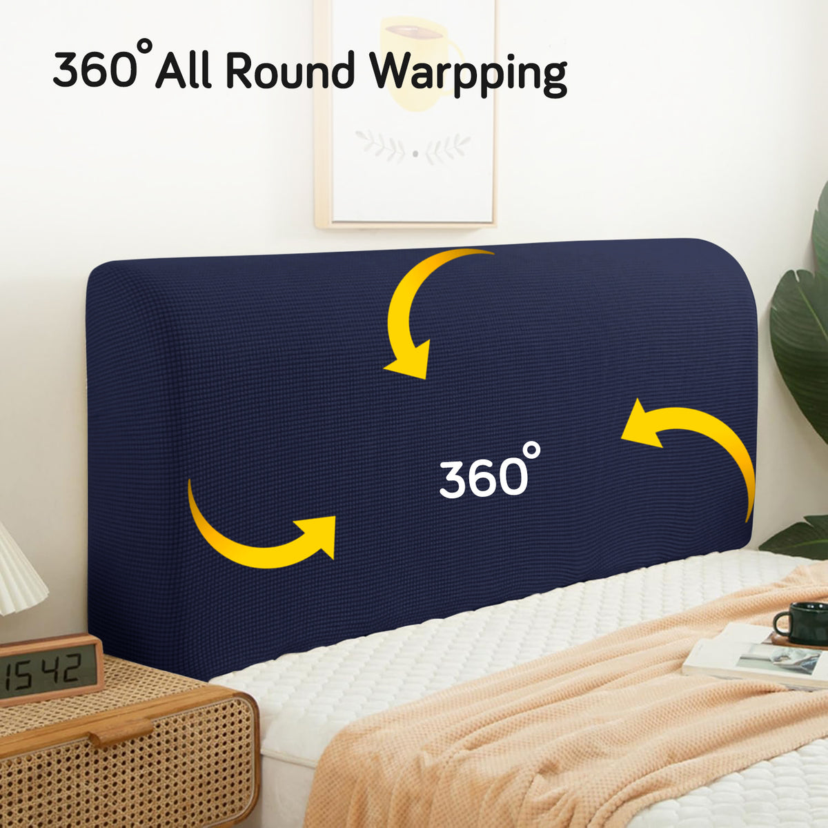 Buy Navy Blue Colour Stretchable jacquard bed headboard cover with 360 degree all-round wrapping